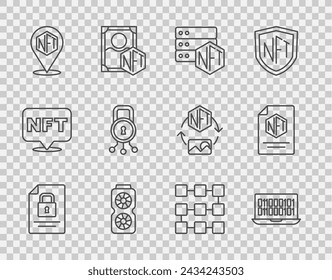 Set line Document and lock, Binary code, NFT blockchain technology, Video graphic card, Digital crypto art, Cyber security,  and contract icon. Vector