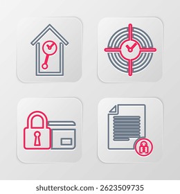 Establecer línea de documento y bloqueo, tarjeta de crédito con, gestión del tiempo y el icono de reloj de pared retro. Vector