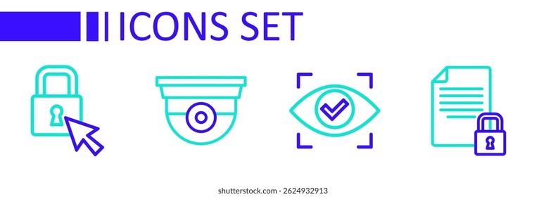 Set line Document and lock, Eye scan, Security camera and Lock icon. Vector