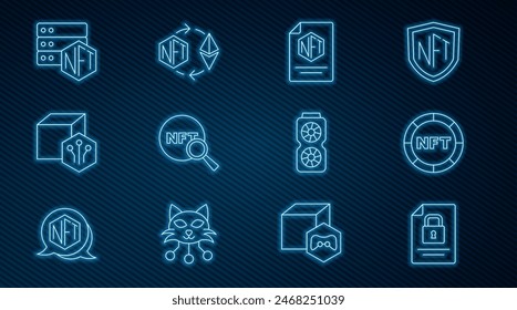 Set line Dokument und Schloss, NFT Digital Krypto-Kunst, Vertrag, Suchen, Blockchain-Technologie, Video-Grafikkarte und Ethereum-Austausch-Symbol. Vektorgrafik