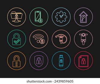 Set line Document and lock, Scooter, Time Management, Wifi locked, Lock check mark, FTP folder, Electric scooter and Smartphone with icon. Vector