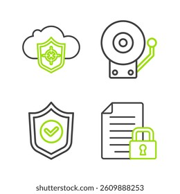 Set line Document and lock, Shield with check mark, Ringing alarm bell and Cloud shield icon. Vector