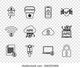 Set line Document and lock, Lock, Smartphone with, Electric scooter, Retro wall watch, Cloud api interface, Laptop and Computer icon. Vector