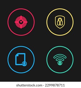 Set line Document and lock, Wifi locked, Shield security with and Time Management icon. Vector