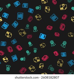 Set line Document, Medal with star, Certificate template and Credit card on seamless pattern. Vector