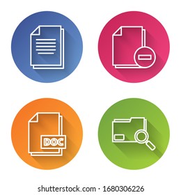 Set line Document, Document with minus, DOC file document and Search concept with folder. Color circle button. Vector