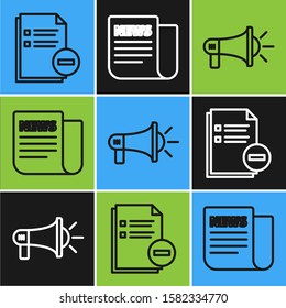 Set line Document with minus, Megaphone and News icon. Vector