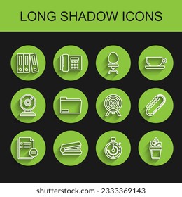 Set line Document with minus, Office stapler, folders papers and documents, Briefcase, Flowers pot, Paper clip and Target icon. Vector
