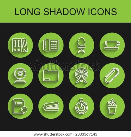 Set line Document with minus, Office stapler, folders papers and documents, Briefcase, Flowers pot, Paper clip and Target icon. Vector