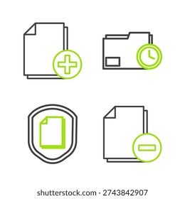 Set line Document with minus, protection concept, folder clock and Add new file icon. Vector