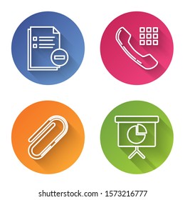 Set line Document with minus, Telephone handset, Paper clip and Presentation financial board with graph, schedule, chart, diagram, infographic, pie graph. Color circle button. Vector