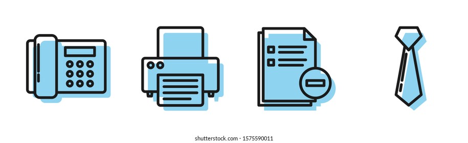 Set line Document with minus, Telephone, Printer and Tie icon. Vector