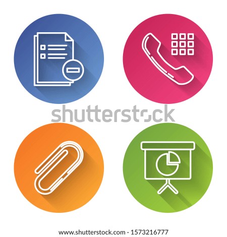 Set line Document with minus, Telephone handset, Paper clip and Presentation financial board with graph, schedule, chart, diagram, infographic, pie graph. Color circle button. Vector