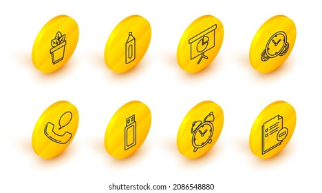 Set line Document with minus, Time Management, Presentation financial board graph, schedule, chart, diagram, infographic, pie graph, Marker pen and Flowers pot icon. Vector