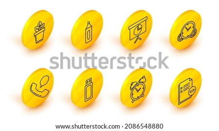 Set line Document with minus, Time Management, Presentation financial board graph, schedule, chart, diagram, infographic, pie graph, Marker pen and Flowers pot icon. Vector