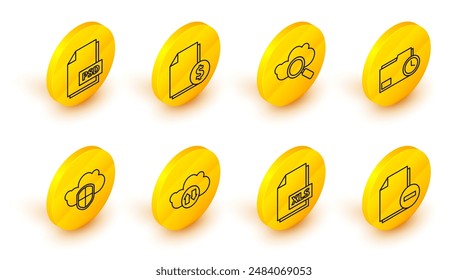 Set line Document with minus, XLS file document, Cloud download and upload, shield, folder clock, Search cloud computing, Finance and PSD icon. Vector