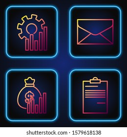 Set line Document, Money bag and diagram graph, Pie chart infographic and Envelope. Gradient color icons. Vector