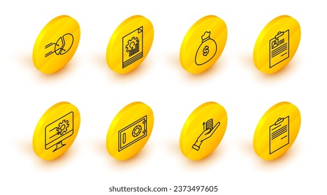 Fijar documento de línea, dinero en mano, seguro, monitor de computadora con gráfico de gráficos, currículum del portapapeles, bolso e icono de infografía de tubería. Vector