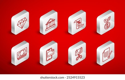 Set line Document and pen, Bank building, Finance document, Dollar plant, Scissors cutting credit card, Diamond, Mobile banking and Stacks paper money cash icon. Vector
