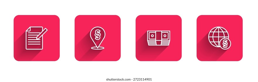 Documento y pluma, ley de Locación, dinero en efectivo para sobornos e internacional con sombra larga. Botón cuadrado rojo. Vector