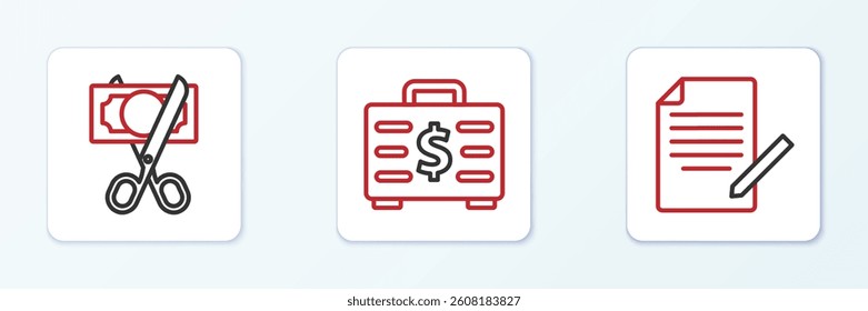 Set line Document and pen, Scissors cutting money and Briefcase icon. Vector