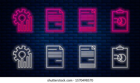 Set line Document, Document, Pie chart infographic and Clipboard with graph chart. Glowing neon icon on brick wall. Vector
