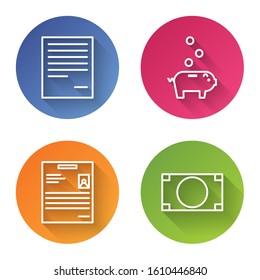 Set line Document, Piggy bank with coin, Personal document and Stacks paper money cash. Color circle button. Vector