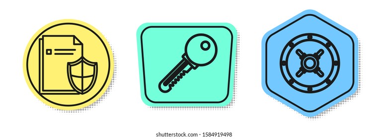 Set line Document protection concept , Key  and Safe . Colored shapes. Vector