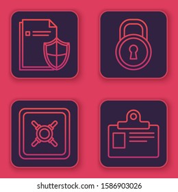 Set line Document protection concept , Safe , Lock  and Identification badge. Blue square button. Vector