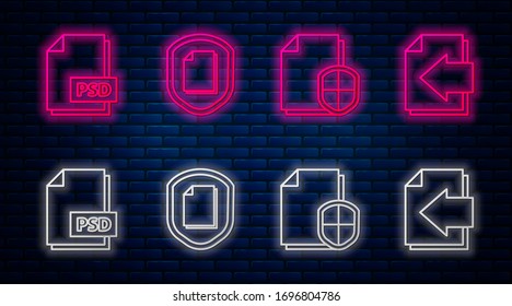 Legen Sie das Konzept des Dokumentenschutzes, das Konzept des Dokumentenschutzes, das Dokument der PSD-Datei und den Pfeil der nächsten Seite fest. Leuchtendes Neonsymbol an der Ziegelwand. Vektorillustration