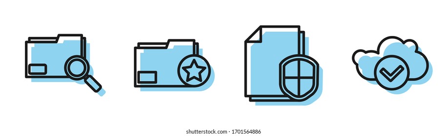 Set line Document protection concept, Search concept with folder, Document folder with star and Cloud with check mark icon. Vector