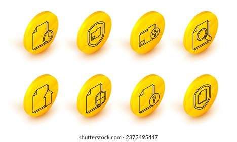 Set line Document protection concept, Unknown document, Upload file, with search, Add new folder,  and clock icon. Vector