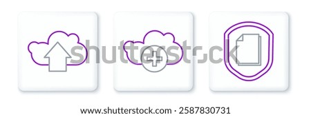 Set line Document protection concept, Cloud upload and Add cloud icon. Vector