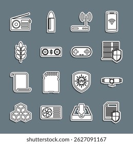 Definir a linha Proteção de documentos, Diploma rolou rolagem, Servidor com escudo, Roteador e wi-fi, alto-falantes, Trigo, Rádio e Gamepad ícone. Vetor