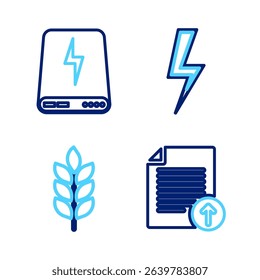 Set line Document protection, Lightning bolt, Play Video and Power bank icon. Vector