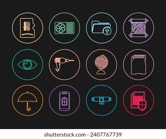 Set line Document protection, SD card, Download arrow with folder, Drill machine, Eye, Micro memory, Earth globe and Air conditioner icon. Vector