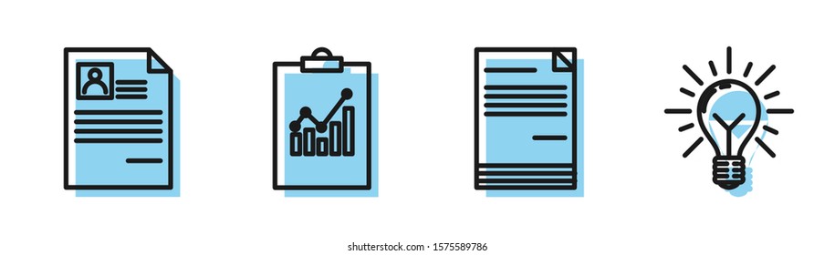 Set line Document, Resume, Clipboard with graph chart and Light bulb with rays shine and concept of idea icon. Vector