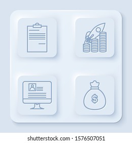 Set line Document, Rocket flying up on coins growth chart, Computer monitor with resume and Money bag. White square button. Vector