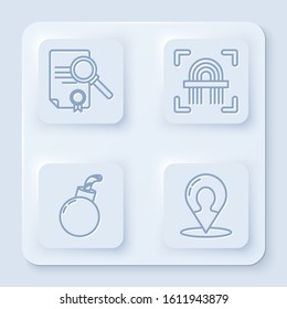 Set line Document with search, Fingerprint, Bomb ready to explode and Map marker with a silhouette of a person. White square button. Vector