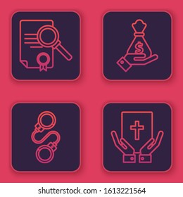Set line Document with search, Handcuffs, Hand holding money bag and Oath on the Holy Bible. Blue square button. Vector