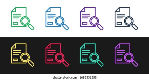 Establecer documento de línea con icono de búsqueda aislado en fondo blanco y negro. Icono de archivo y lupa. Signo de investigación analítica. Ilustración vectorial