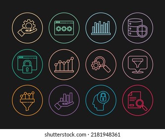 Set line Document with search, Location sales funnel, Pie chart infographic, Secure your site HTTPS, SSL, Hand settings gear, Magnifying glass and Password protection icon. Vector