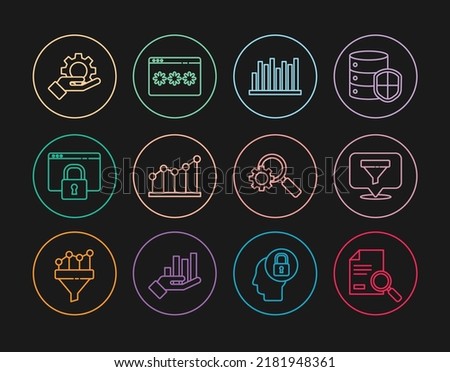 Set line Document with search, Location sales funnel, Pie chart infographic, Secure your site HTTPS, SSL, Hand settings gear, Magnifying glass and Password protection icon. Vector