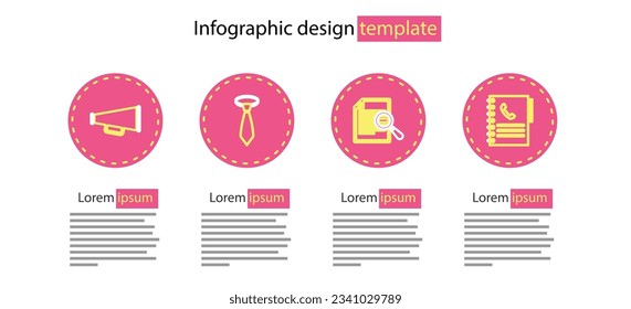 Set line Document with search, Phone book, Tie and Megaphone icon. Vector