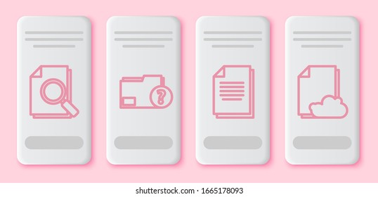 Set line Document with search, Unknown document folder, Document and Cloud storage text document. White rectangle button. Vector