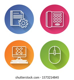 Set line Document settings with gears, Telephone, Computer with keyboard and x mark and Computer mouse. Color circle button. Vector