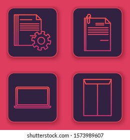 Set line Document settings with gears, Laptop, File document and paper clip and Envelope. Blue square button. Vector