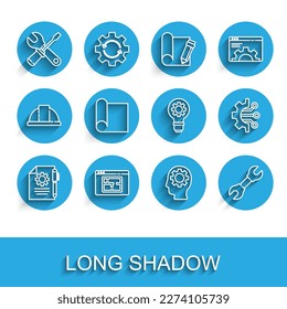 Set line Document settings and pen, House plan, Screwdriver wrench spanner, Human head with gear inside, Wrench, Graphing paper for engineering, Algorithm and Light bulb icon. Vector