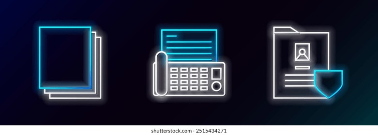 Defina a linha Documento com escudo, papel limpo e ícone da máquina de fax. Néon brilhante. Vetor