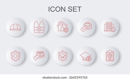 Set line Document with shield, Health insurance, House, Graduation cap and coin, Worker safety helmet, Life jacket, Stacks paper money cash and  icon. Vector
